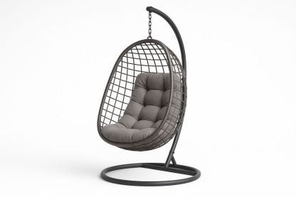 Outdoor Hanging Egg Chair PE Wicker Steel Frame Grey Cushions 197cm