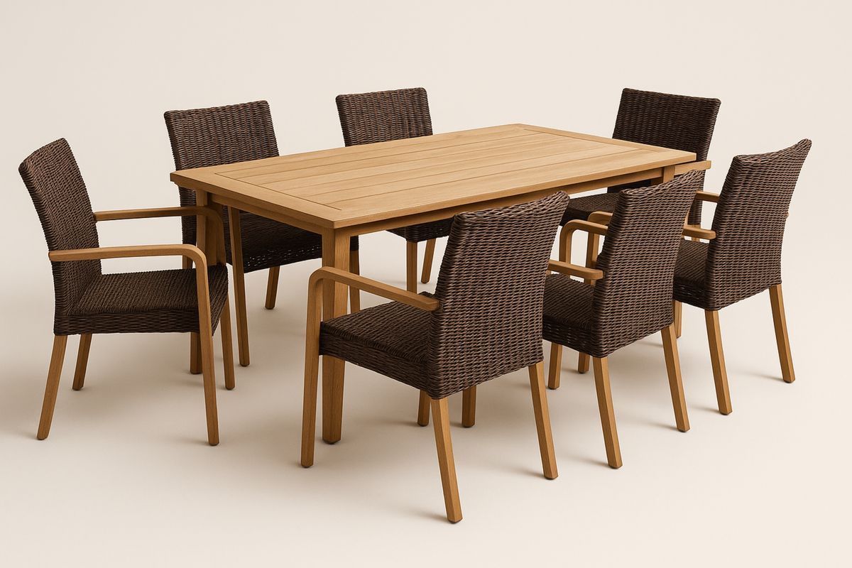 Outdoor Dining Set with 7 Wicker Chairs and Wooden Table Brown/Natural 180x90x75 cm