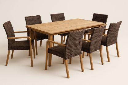 Outdoor Dining Set with 7 Wicker Chairs and Wooden Table Brown/Natural 180x90x75 cm