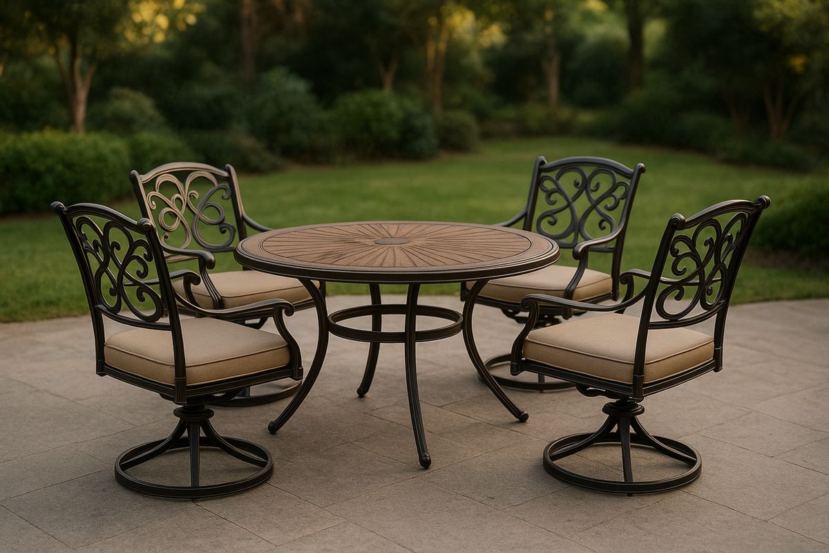 Cast Aluminium Outdoor Dining Set with Wood Top and Beige Cushions