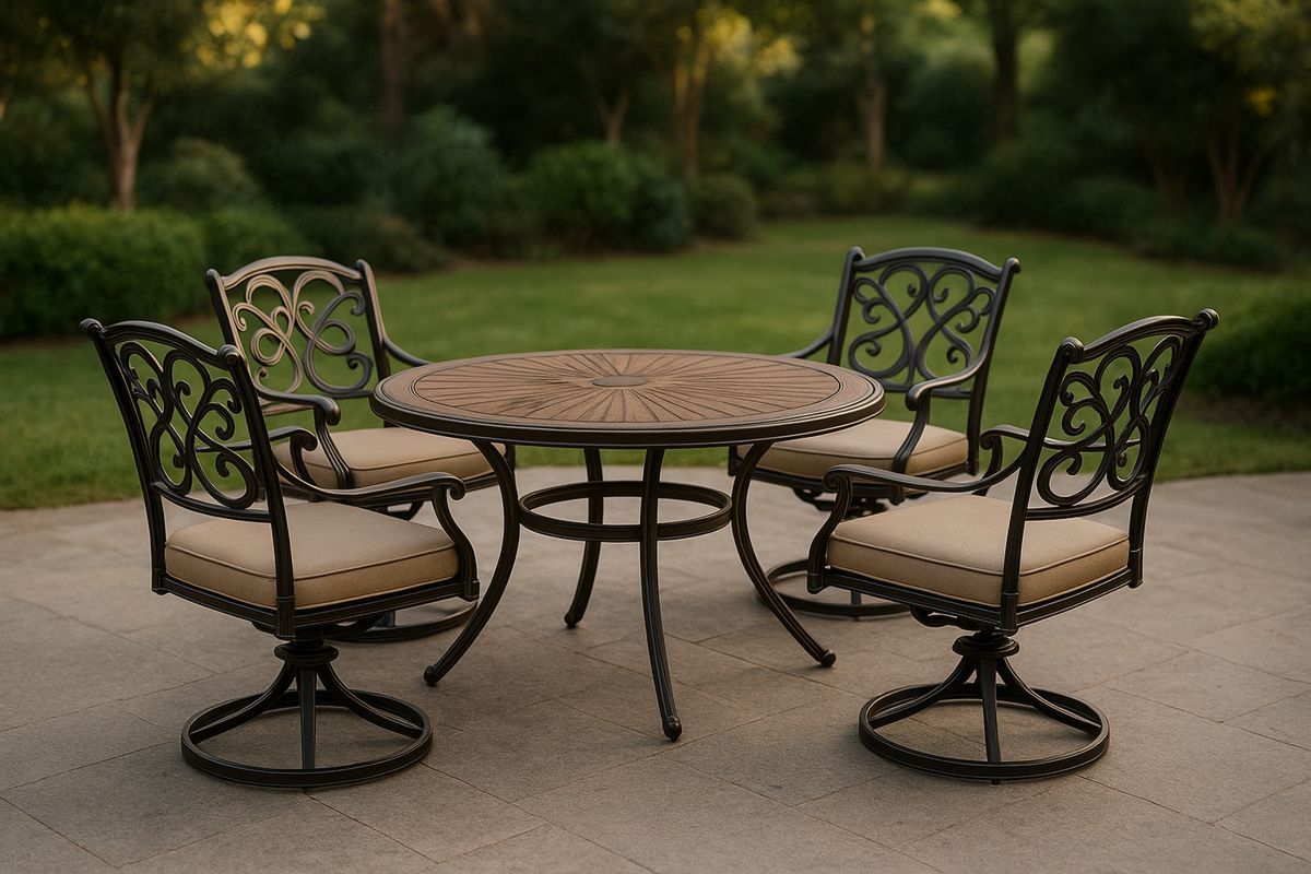 Cast Aluminium Outdoor Dining Set with Wood Top and Beige Cushions