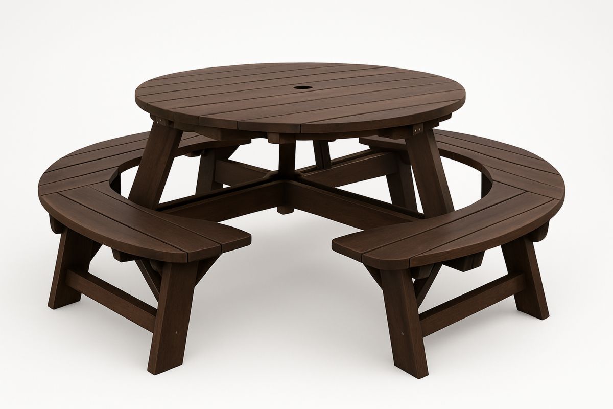Round Hardwood Outdoor Picnic Table with Built-in Benches in Dark Brown