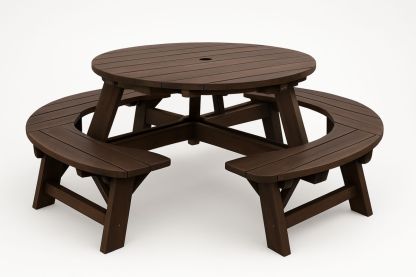 Round Hardwood Outdoor Picnic Table with Built-in Benches in Dark Brown