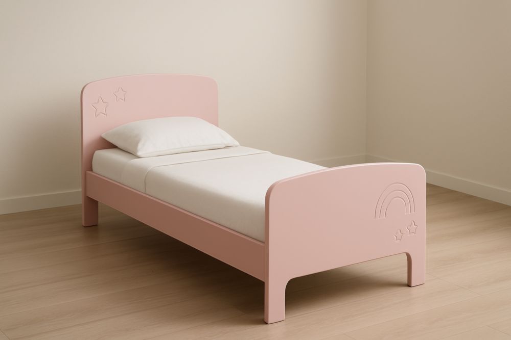 Lit enfant rose en bois MDF avec motif arc-en-ciel et étoiles