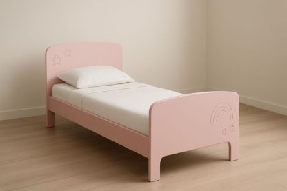 Lit enfant rose en bois MDF avec motif arc-en-ciel et étoiles