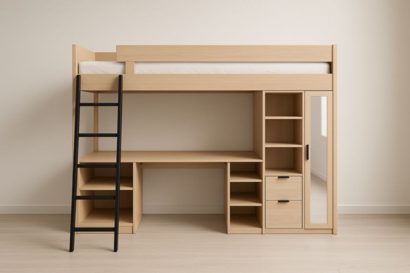 Lit mezzanine bois avec bureau, étagères et armoire