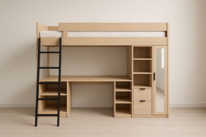 Lit mezzanine bois avec bureau, étagères et armoire