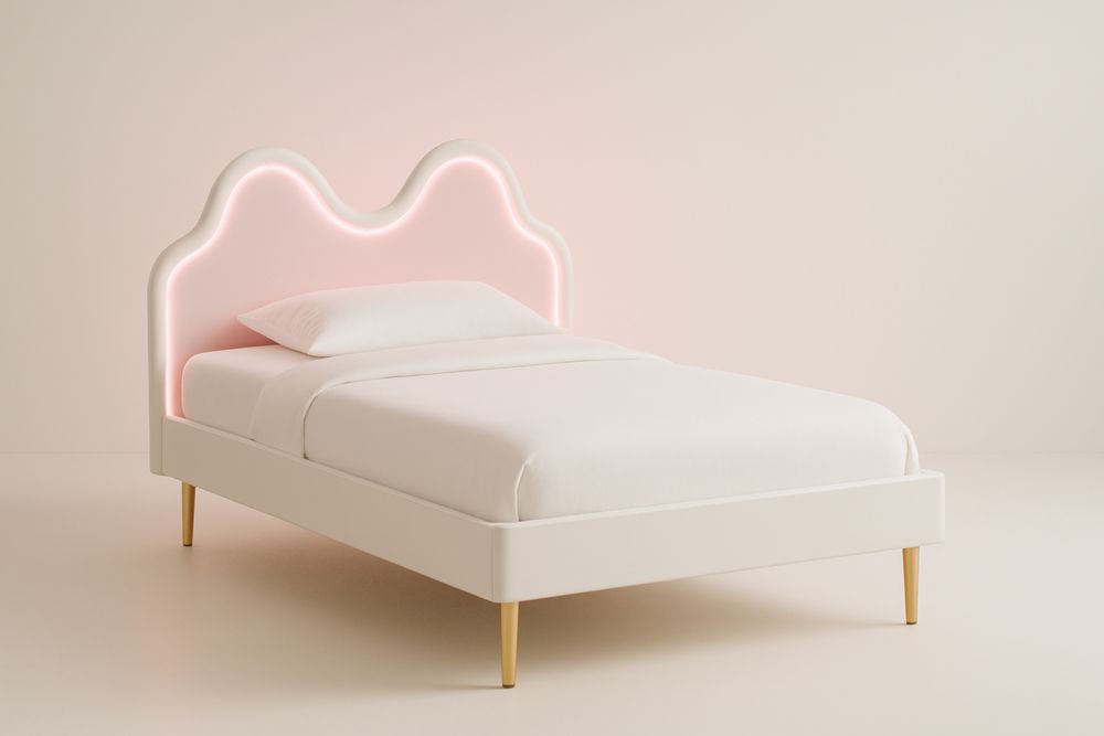 Lit pour enfant Blanc/Rose avec tête de lit ondulée LED, structure MDF et pin, pieds en acier au carbone doré, 205×96×105 cm