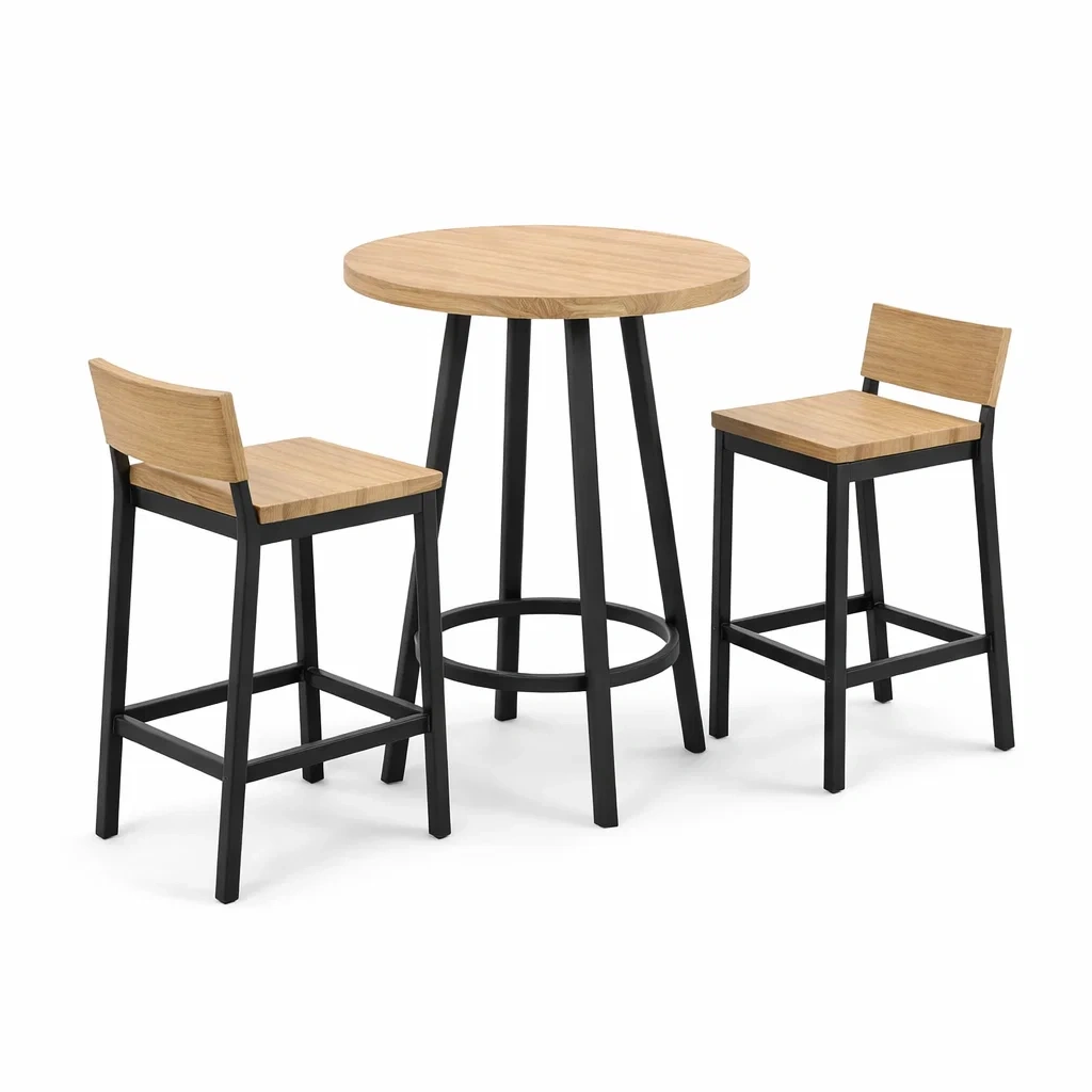 Bar-Set für Terrasse Bartisch mit 2 Barhockern aus Holz und Metall, rund, Natur/Schwarz-Furnamix