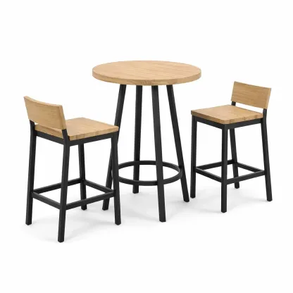 Bar-Set für Terrasse Bartisch mit 2 Barhockern aus Holz und Metall, rund, Natur/Schwarz-Furnamix