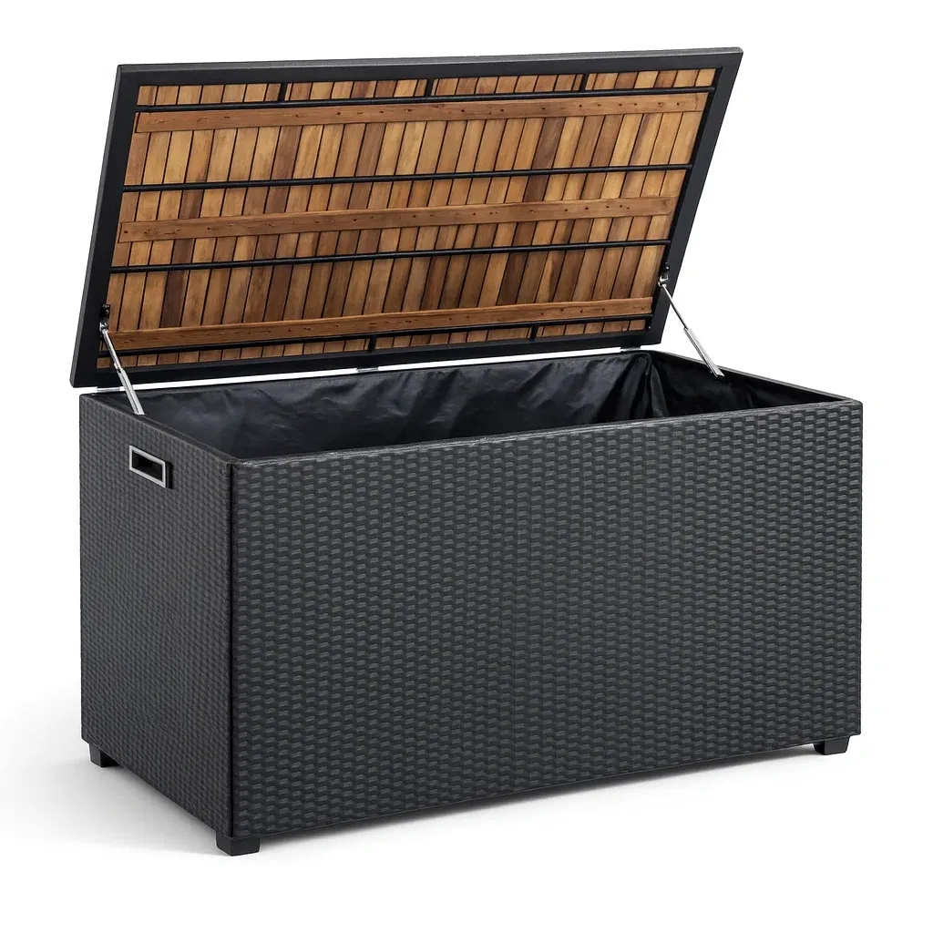 Aufbewahrungsbox Polyrattan Aluminium mit Holzdeckel Anthrazit-Furnamix