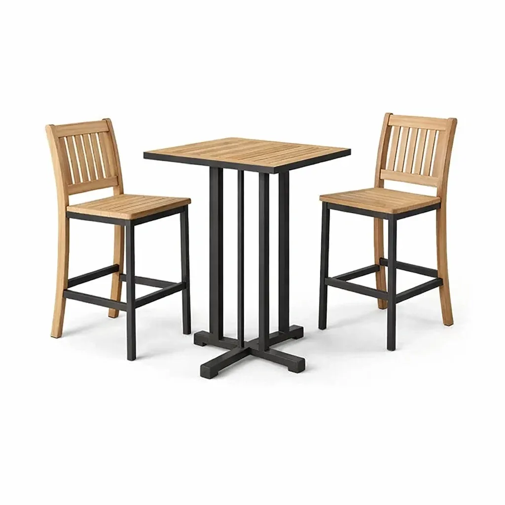 Bar-Set für Terrasse aus Holz und Metall mit quadratischem Tisch und 2 Barhockern-Furnamix