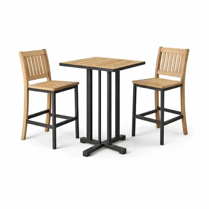 Bar-Set für Terrasse aus Holz und Metall mit quadratischem Tisch und 2 Barhockern-Furnamix