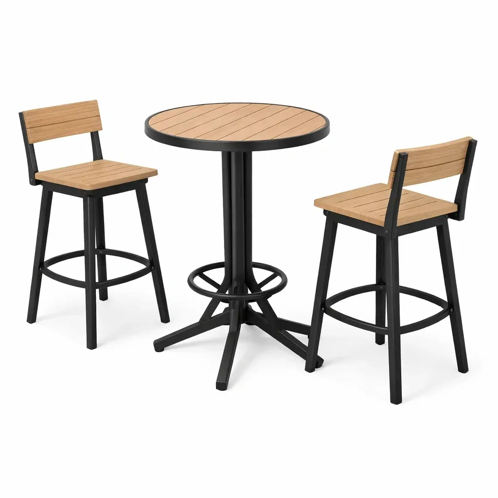 Bar-Set für Terrasse Metall Tisch 2 Hocker Holzoptik Schwarz/Braun-Furnamix