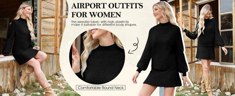 Imily Bela Women's 2 Piece Outfits 2025 Long Sleeve Mock Neck Ribbed Sweaters & Mini Skirt Set Soft Cozy Knitted Fabric Casual Everyday Wear