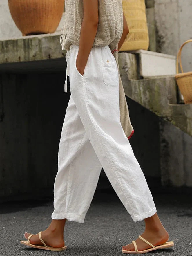 🔥🔥Time-Limited Special Price: $29.99!!⏰Cotton Linen Pants Women Casual Lightweight Elastic Drawstring Waist Summer Vacation Beach Pants with Pockets