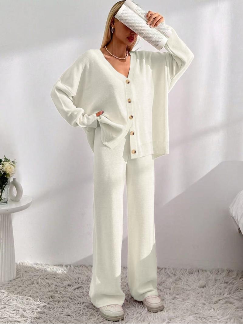 Women's Solid Button Front Drop Shoulder V Neck Cardigan & Elastic Waist Wide Leg Pants Two-piece Set, Matching Clothing Set, Casual Fashion Cozy Minimalist Knitwear Set for Daily Outdoor Wear, Women's Knitwear for Fall & Winter Women's Solid Button Front Drop Shoulder V Neck Cardigan & Elastic Waist Wide Leg Pants Two-piece Set, Matching Clothing Set, Casual Fashion Cozy Minimalist Knitwear Set for Daily Outdoor Wear, Women's Knitwear for Fall & Winter