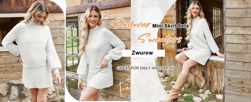 Imily Bela Women's 2 Piece Outfits 2025 Long Sleeve Mock Neck Ribbed Sweaters & Mini Skirt Set Soft Cozy Knitted Fabric Casual Everyday Wear