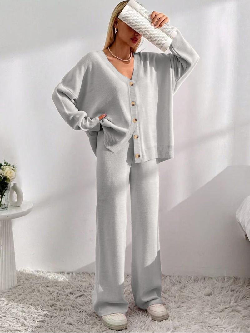 Women's Solid Button Front Drop Shoulder V Neck Cardigan & Elastic Waist Wide Leg Pants Two-piece Set, Matching Clothing Set, Casual Fashion Cozy Minimalist Knitwear Set for Daily Outdoor Wear, Women's Knitwear for Fall & Winter Women's Solid Button Front Drop Shoulder V Neck Cardigan & Elastic Waist Wide Leg Pants Two-piece Set, Matching Clothing Set, Casual Fashion Cozy Minimalist Knitwear Set for Daily Outdoor Wear, Women's Knitwear for Fall & Winter