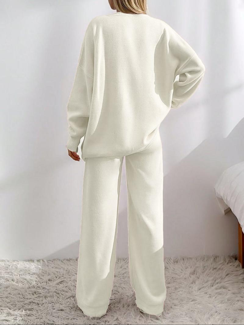 Women's Solid Button Front Drop Shoulder V Neck Cardigan & Elastic Waist Wide Leg Pants Two-piece Set, Matching Clothing Set, Casual Fashion Cozy Minimalist Knitwear Set for Daily Outdoor Wear, Women's Knitwear for Fall & Winter Women's Solid Button Front Drop Shoulder V Neck Cardigan & Elastic Waist Wide Leg Pants Two-piece Set, Matching Clothing Set, Casual Fashion Cozy Minimalist Knitwear Set for Daily Outdoor Wear, Women's Knitwear for Fall & Winter
