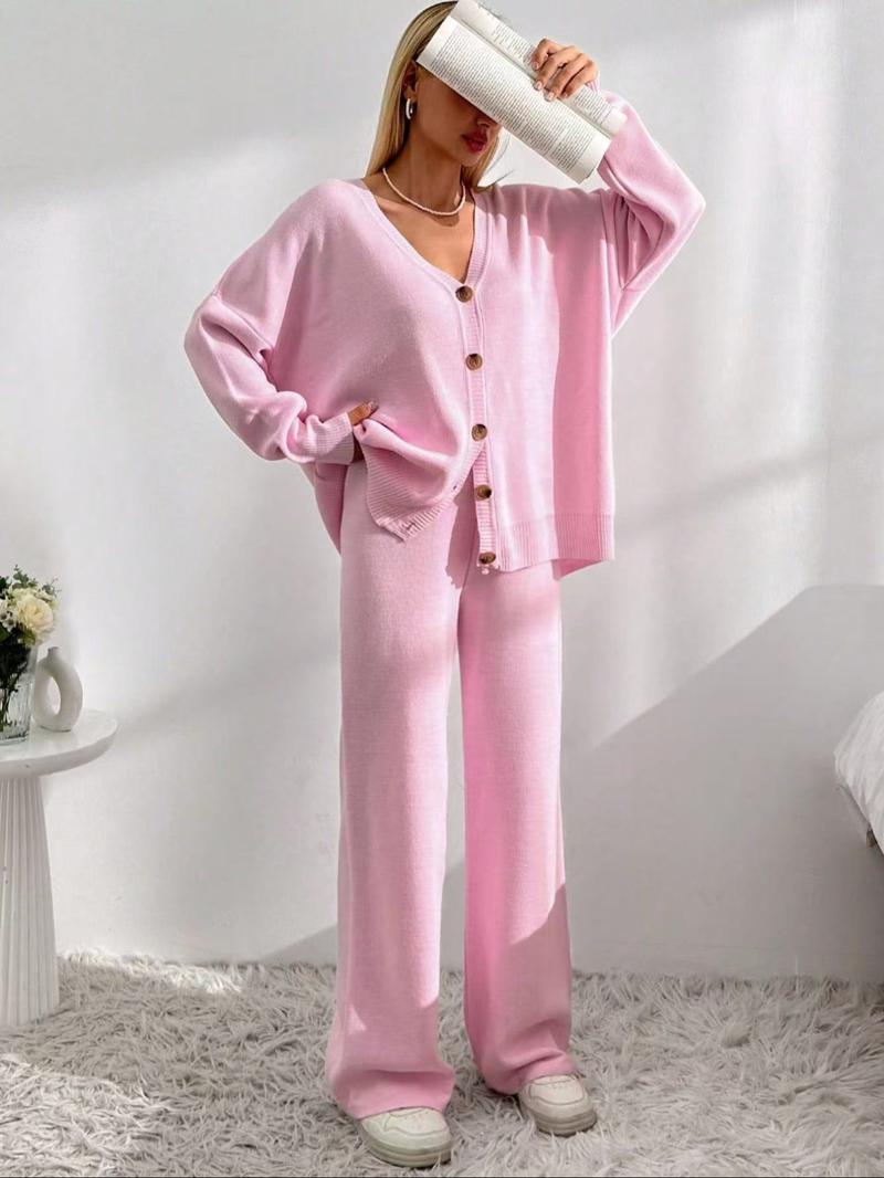 Women's Solid Button Front Drop Shoulder V Neck Cardigan & Elastic Waist Wide Leg Pants Two-piece Set, Matching Clothing Set, Casual Fashion Cozy Minimalist Knitwear Set for Daily Outdoor Wear, Women's Knitwear for Fall & Winter Women's Solid Button Front Drop Shoulder V Neck Cardigan & Elastic Waist Wide Leg Pants Two-piece Set, Matching Clothing Set, Casual Fashion Cozy Minimalist Knitwear Set for Daily Outdoor Wear, Women's Knitwear for Fall & Winter