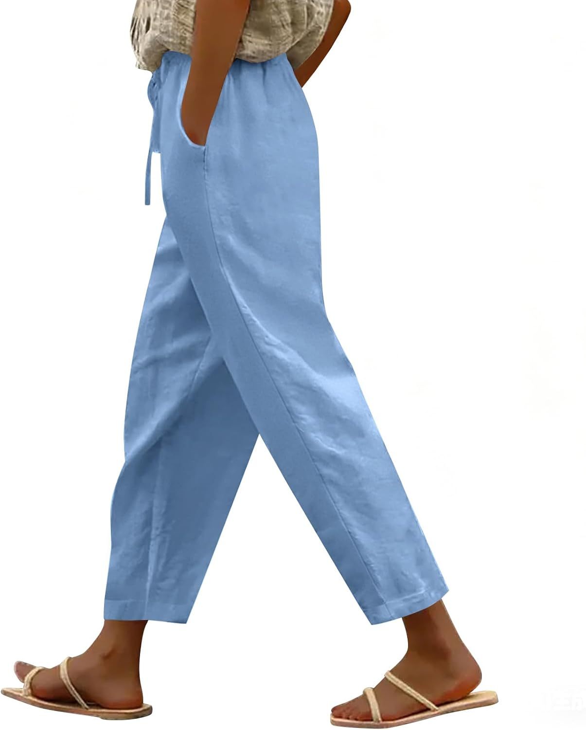 🔥🔥Time-Limited Special Price: 29.99!!⏰Cotton Linen Pants Women Casual Lightweight Elastic Drawstring Waist Summer Vacation Beach Pants with Pockets