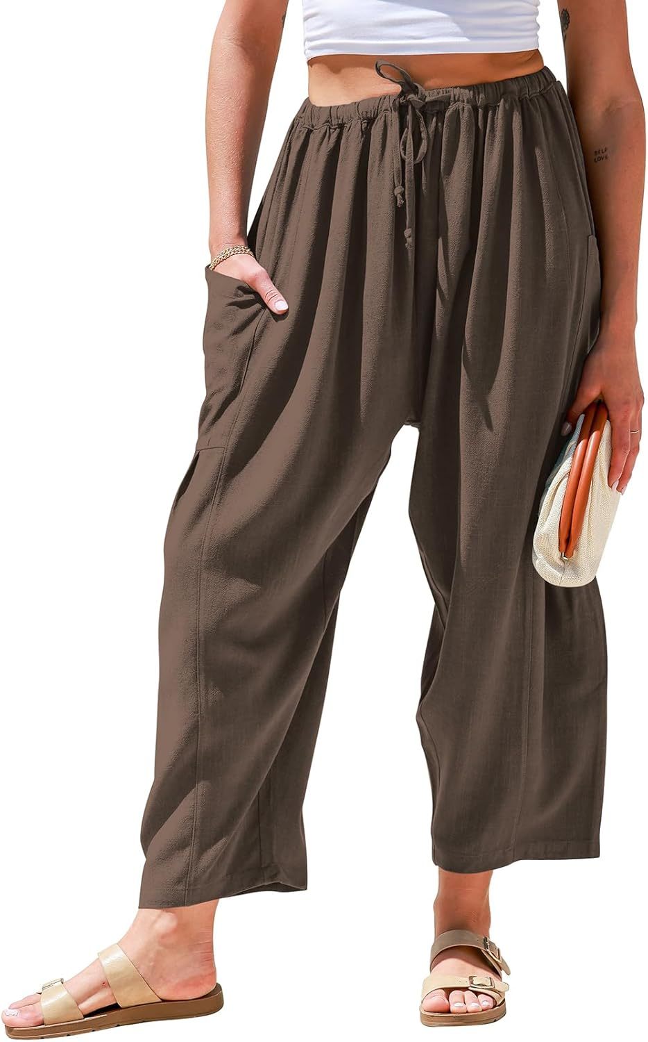 🔥🔥Time-Limited Special Price: $34.99!!⏰Womens Linen Wide Leg Pants Casual Loose Drawstring Summer Beach Travel Vacation Palazzo Harem Pants with Pockets