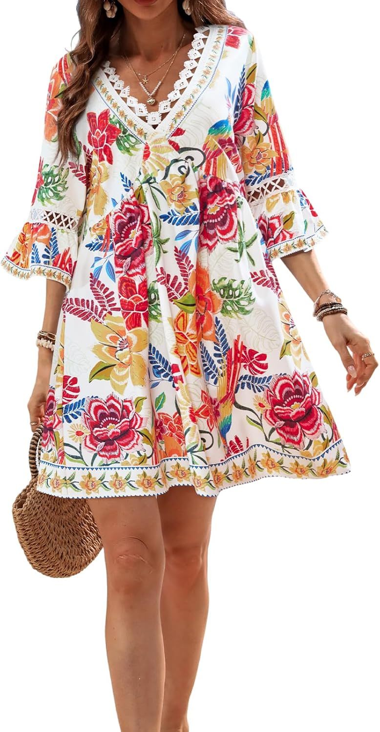 🔥🔥Time-Limited Women V Neck Lace Trim Mini Summer Dress Cover Up 3/4 Sleeve Ruffled Cuff Casual Sundress Beach Dresses Cover Ups