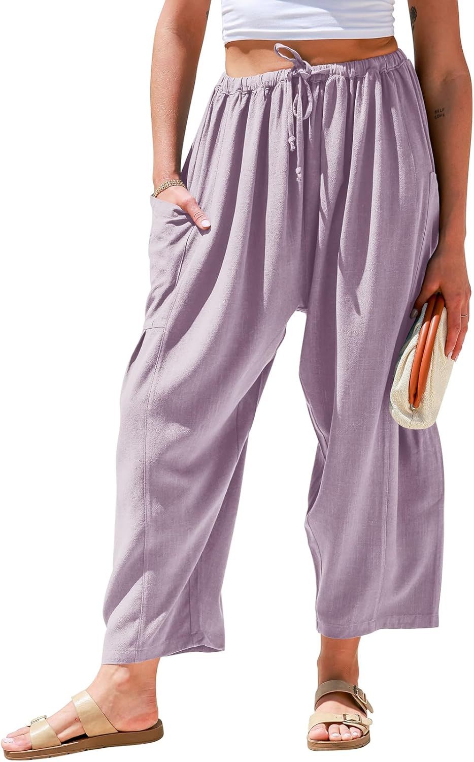 🔥🔥Time-Limited Special Price: $34.99!!⏰Womens Linen Wide Leg Pants Casual Loose Drawstring Summer Beach Travel Vacation Palazzo Harem Pants with Pockets