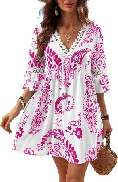 🔥🔥Time-Limited Women V Neck Lace Trim Mini Summer Dress Cover Up 3/4 Sleeve Ruffled Cuff Casual Sundress Beach Dresses Cover Ups
