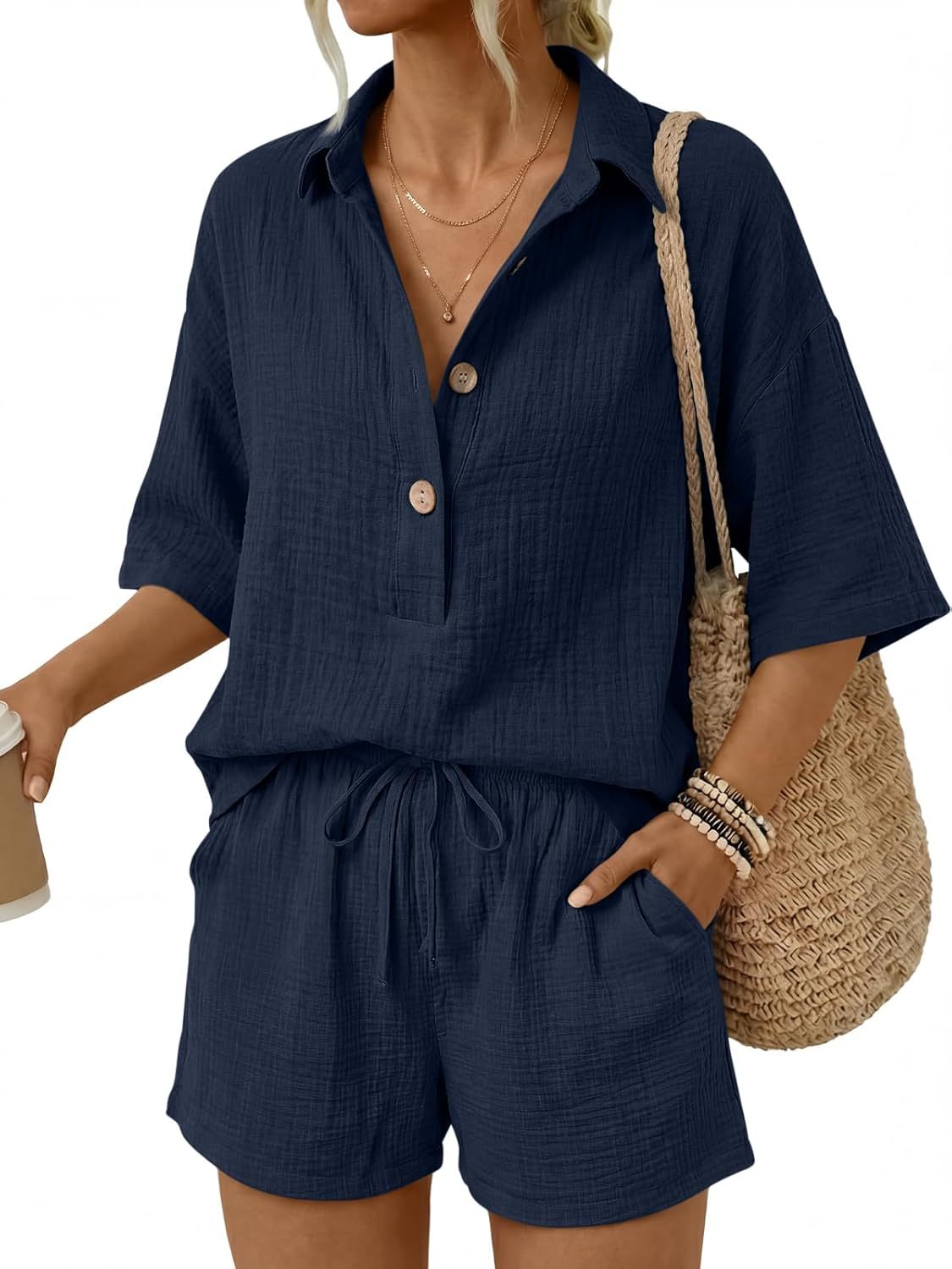 🌷🌷Time-Limited Special Price: $46.99!!⏰Women 2 Piece Linen Short Sets 2026 Summer Vacation V Neck Short Sleeve Beach Outfits Oversized Button Cotton Pjs
