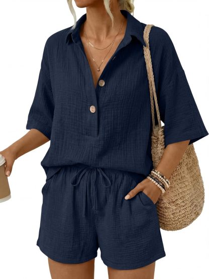 🌷🌷Time-Limited Special Price: $46.99!!⏰Women 2 Piece Linen Short Sets 2026 Summer Vacation V Neck Short Sleeve Beach Outfits Oversized Button Cotton Pjs