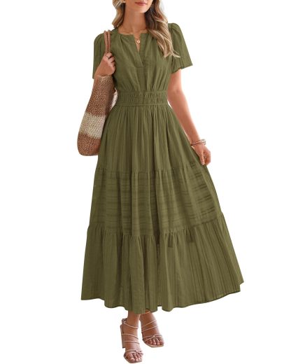 🔥🔥🔥Limited time sale Women's Lightweight Short Sleeve V Neck Elastic Waist Dresses