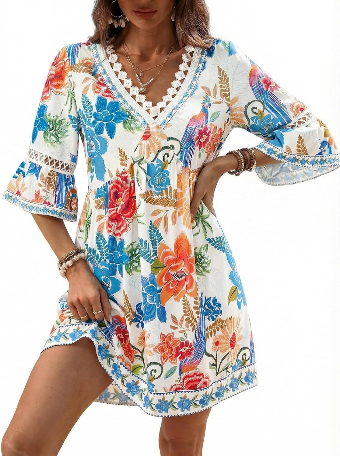 🔥🔥Time-Limited Women V Neck Lace Trim Mini Summer Dress Cover Up 3/4 Sleeve Ruffled Cuff Casual Sundress Beach Dresses Cover Ups