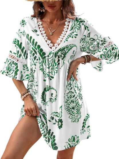 🔥🔥Time-Limited Women V Neck Lace Trim Mini Summer Dress Cover Up 3/4 Sleeve Ruffled Cuff Casual Sundress Beach Dresses Cover Ups