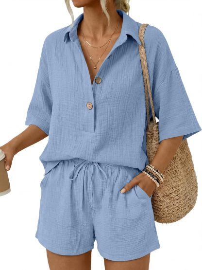 🌷🌷Time-Limited Special Price: $46.99!!⏰Women 2 Piece Linen Short Sets 2026 Summer Vacation V Neck Short Sleeve Beach Outfits Oversized Button Cotton Pjs