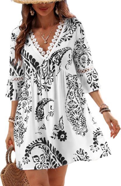 🔥🔥Time-Limited Women V Neck Lace Trim Mini Summer Dress Cover Up 3/4 Sleeve Ruffled Cuff Casual Sundress Beach Dresses Cover Ups