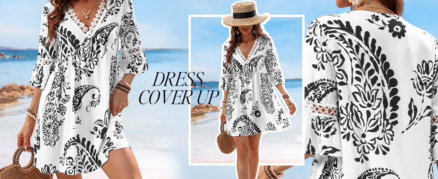 black and white dress paisley floral printed pattern coverup v neck flowy a line tropical dress