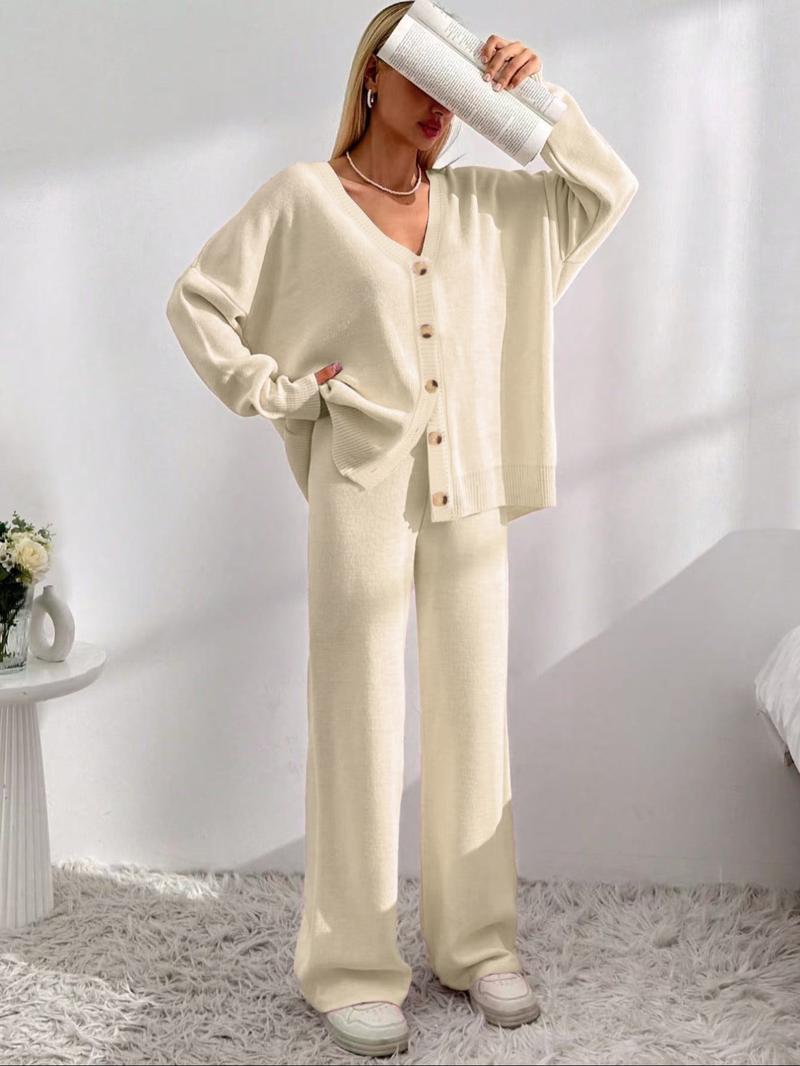 Women's Solid Button Front Drop Shoulder V Neck Cardigan & Elastic Waist Wide Leg Pants Two-piece Set, Matching Clothing Set, Casual Fashion Cozy Minimalist Knitwear Set for Daily Outdoor Wear, Women's Knitwear for Fall & Winter Women's Solid Button Front Drop Shoulder V Neck Cardigan & Elastic Waist Wide Leg Pants Two-piece Set, Matching Clothing Set, Casual Fashion Cozy Minimalist Knitwear Set for Daily Outdoor Wear, Women's Knitwear for Fall & Winter