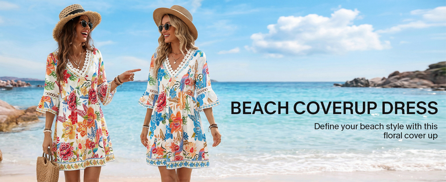Floral print beach coverup dress Lace Trim Mini Summer Dress Casual Sundress Beach Dresses Cover Ups