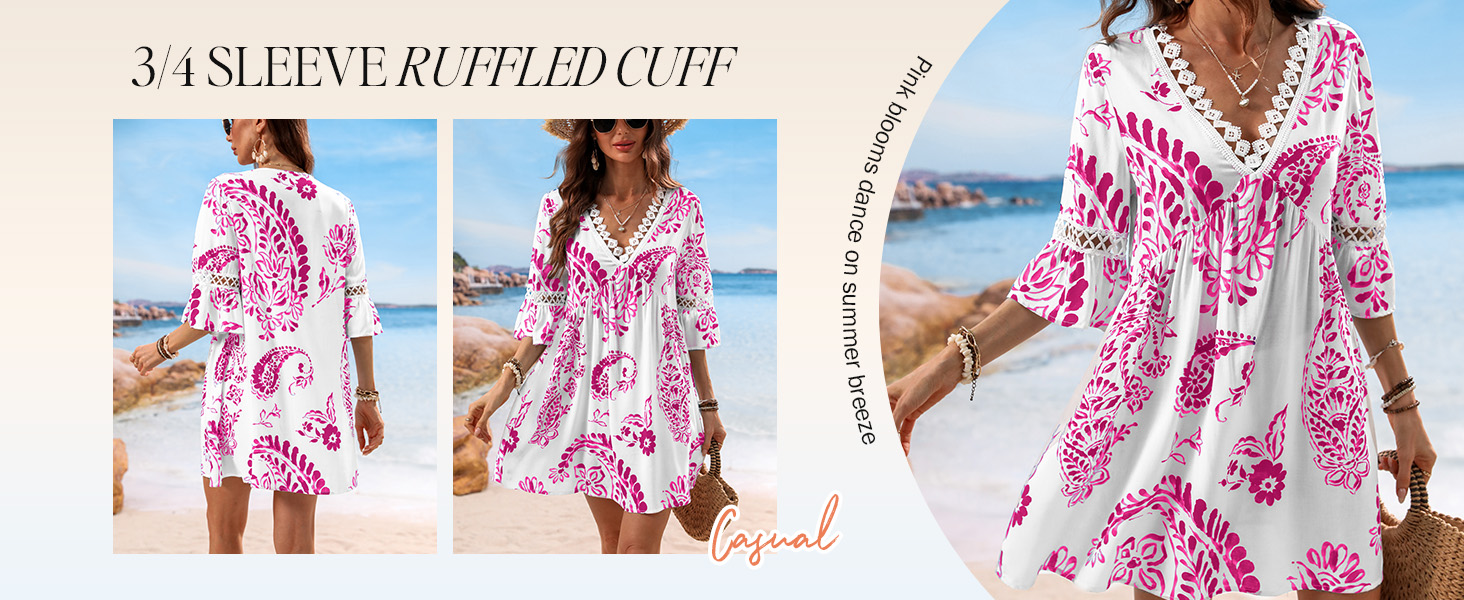 lace dress pink cover up dress summer vacation beach coverup dress v neck tunic flowy swing dress