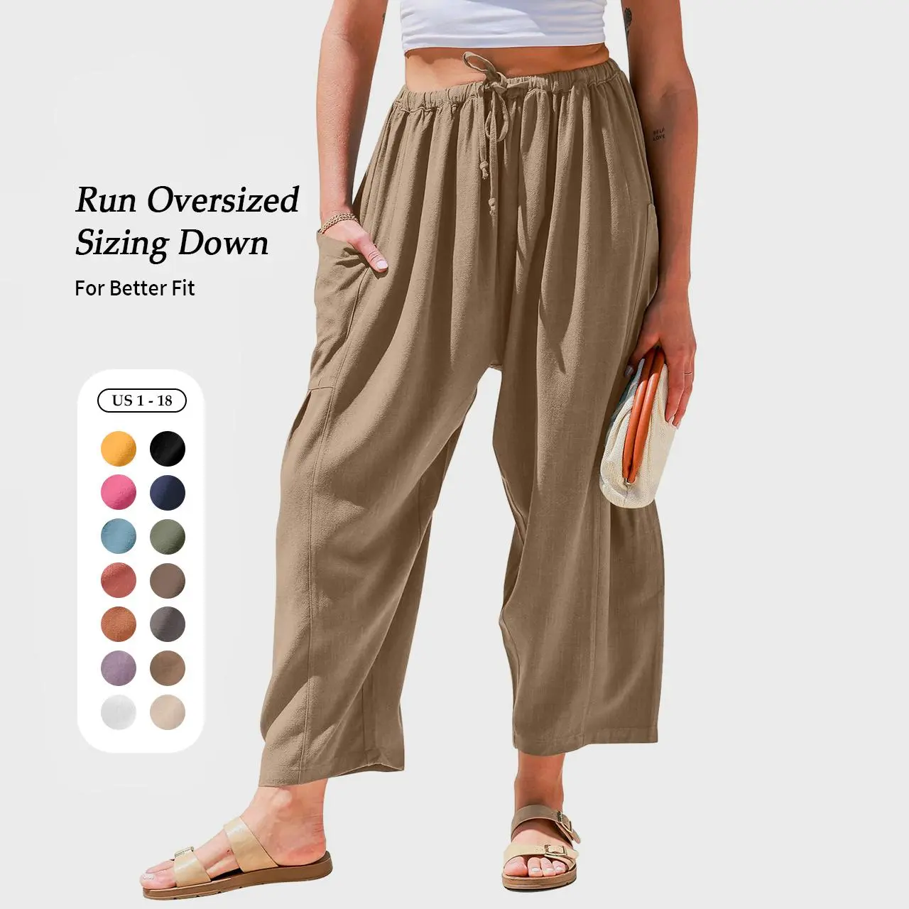 🌷🌷Time-Limited Special Price: $26.99!!⏰Womens Linen Blend Wide Leg Pants Casual Loose Fit Palazzo Harem Pants with Pockets Summer Beach Elastic Lightweight Drawstring Bottom