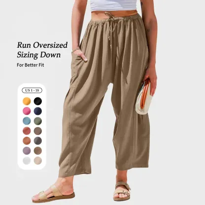 🌷🌷Time-Limited Special Price: $26.99!!⏰Womens Linen Blend Wide Leg Pants Casual Loose Fit Palazzo Harem Pants with Pockets Summer Beach Elastic Lightweight Drawstring Bottom