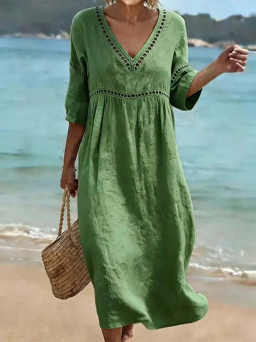  🌿🌿Limited time sale⏰Women's Solid Color Retro Casual Stylish Vacation Cotton Dress