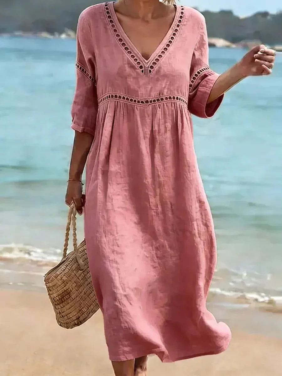  🌿🌿Limited time sale⏰Women's Solid Color Retro Casual Stylish Vacation Cotton Dress