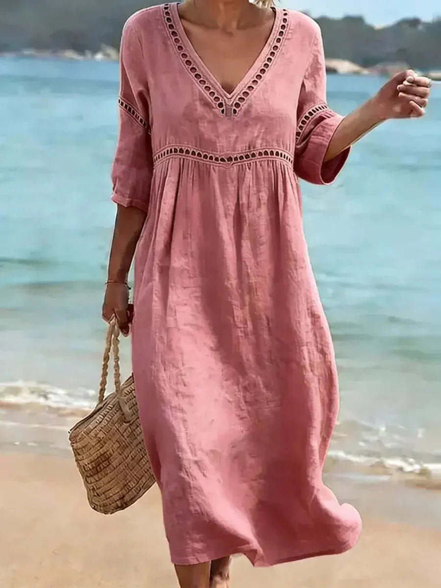  🌿🌿Limited time sale⏰Women's Solid Color Retro Casual Stylish Vacation Cotton Dress