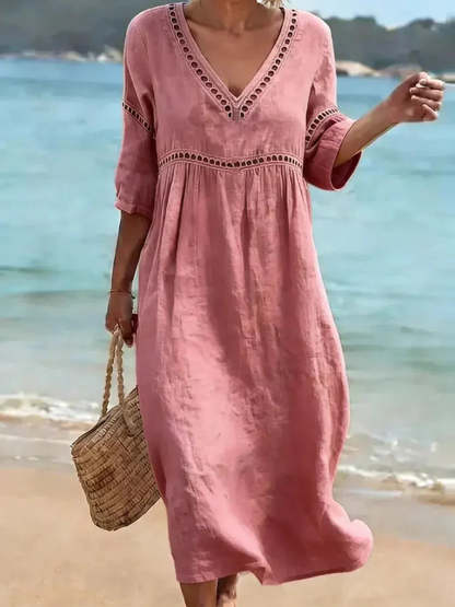  🌿🌿Limited time sale⏰Women's Solid Color Retro Casual Stylish Vacation Cotton Dress