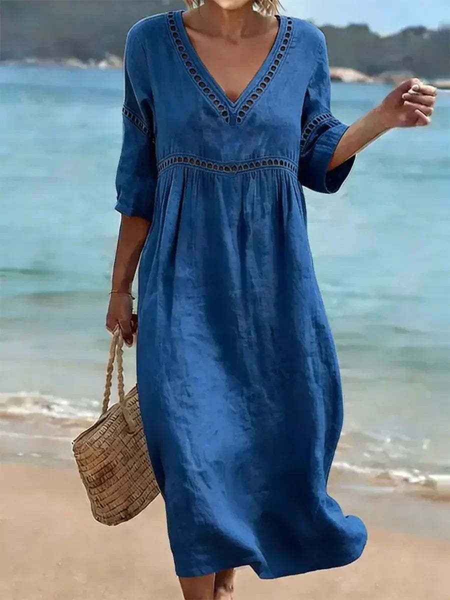  🌿🌿Limited time sale⏰Women's Solid Color Retro Casual Stylish Vacation Cotton Dress