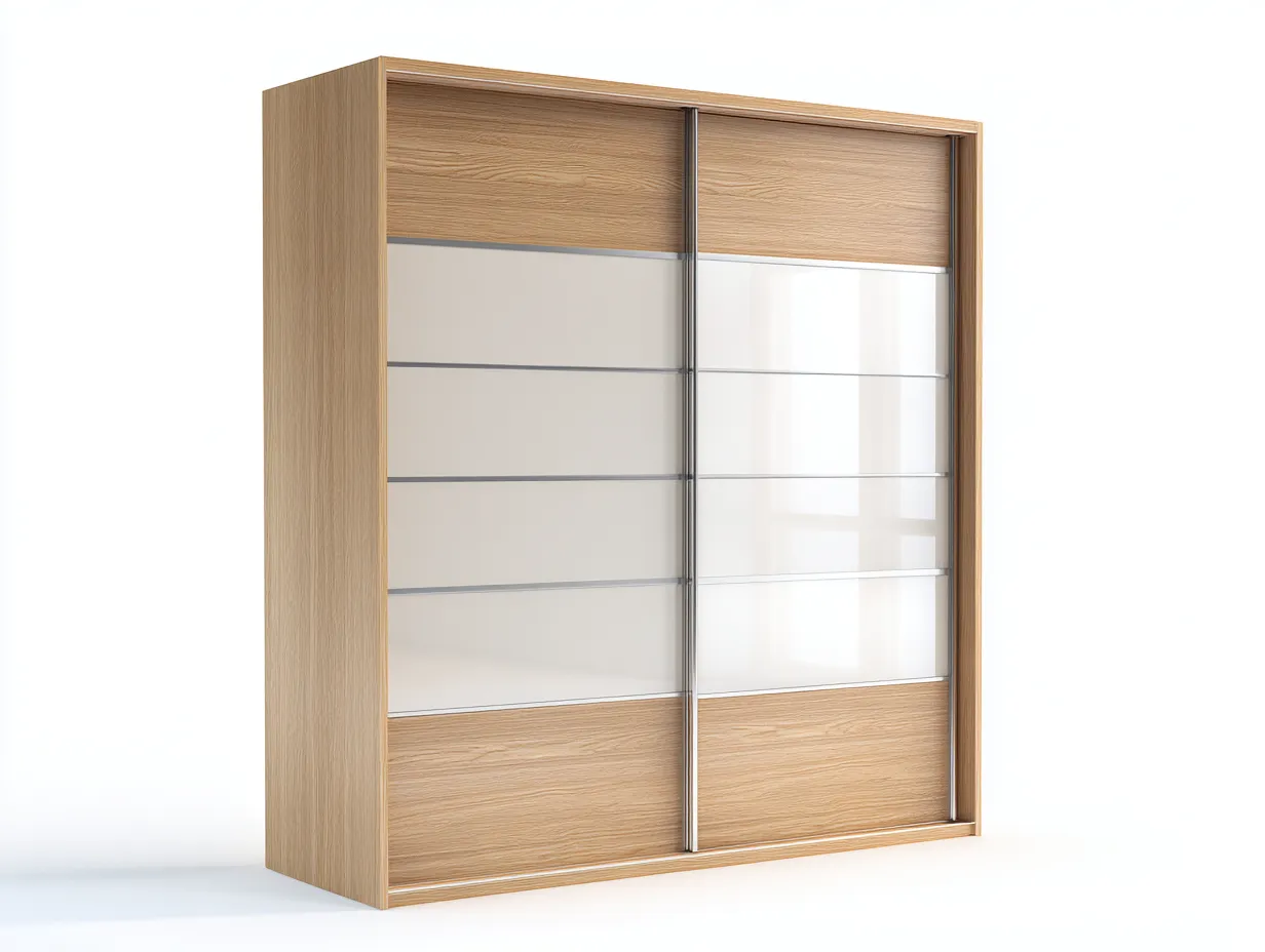 Schwebetürenschrank Holz Glas 200x65x210cm - Eiche hell/Weiß - für Schlafzimmer - modernes Design mit Glaselementen-Livingota