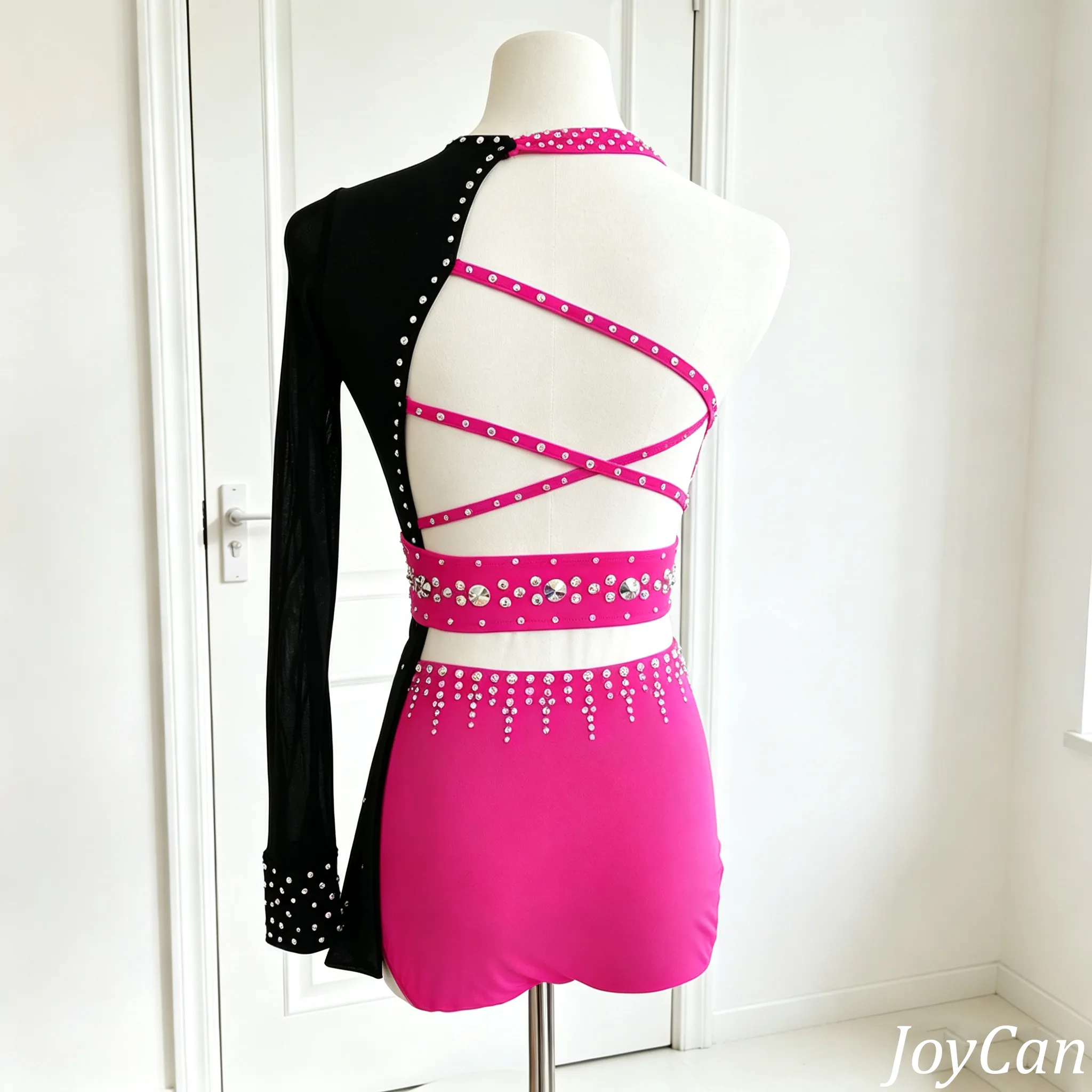 JoyCan Lyrical Dance Dresses BD1798 | Bold Hot Pink Black Crystal Competition Contemporary Dance Costume for Girls and Women